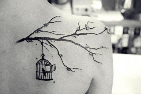 Blackbird tattoo maybe with Beatles lyrics. Thigh tattoo idea. Freedom Tattoo, Birdcage Tattoo, Cage Tattoo, Tattoo Son, Bird In A Cage, Cage Tattoos, Tattoo Tree, Branch Tattoo, Tattoos Geometric