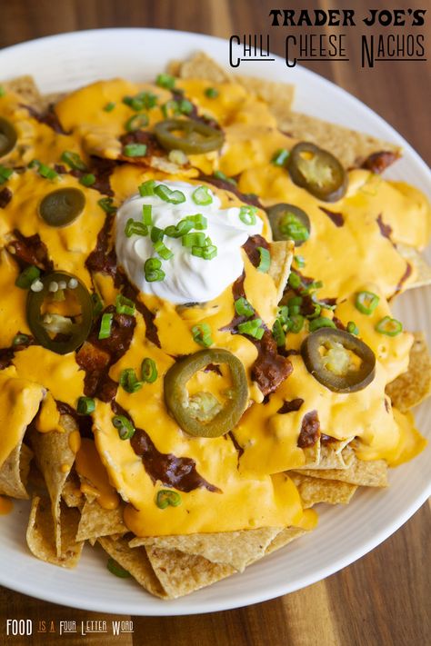 Trader Joe’s Stadium-Style Chili Cheese Nachos Recipe – FOOD is Four Letter Word Pub Cheese Trader Joes, Chili Cheese Nachos Recipe, Starbucks Egg White Red Pepper, Cheese Nachos Recipe, Shareable Snacks, Chili Cheese Nachos, Nachos Cheese Recipe, Pub Cheese, Cheese Nachos