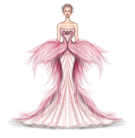 Flamingo gown Flamingo Fashion, Fashion Model Sketch, Fashion Illustration Tutorial, Anna Pavlova, Dress Illustration, Fashion Illustration Sketches Dresses, Fashion Design Collection, Fashion Sketches Dresses, Fashion Drawing Dresses