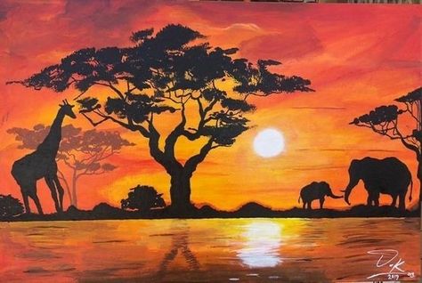 African Sunset Silhouette, Savana Paintings, Africa Landscape Tattoo, African Savannah Landscape Painting, African Safari Painting, African Landscape Tattoo, African Sunset Tattoo, Africa Landscape Painting, African Safari Tattoo