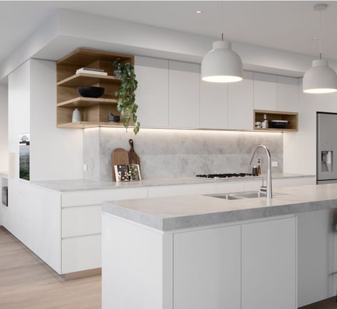 Grey Benchtop Kitchen White Cupboards, Dark Benchtop Kitchen, White And Timber Kitchen Modern, White Kitchen Grey Benchtop, White Kitchen Worktop Ideas, Modern Australian Kitchen, Grey Benchtop Kitchen, Grey Kitchen Benchtop, White And Wood Kitchen Modern