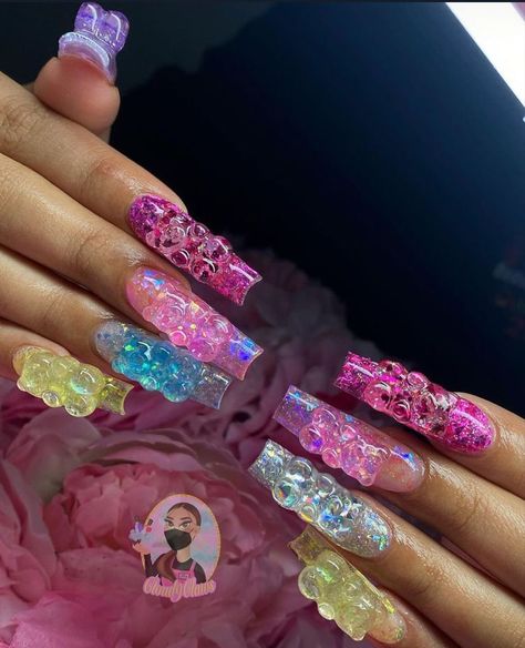 Pastel Drip Nails, Soft Pink Nails With Rhinestones, Long Acrylic Nail Designs, Cute Acrylic Nail Designs, Dope Nail Designs, Really Cute Nails, Acrylic Nails Coffin Pink, Long Square Acrylic Nails, Unique Acrylic Nails