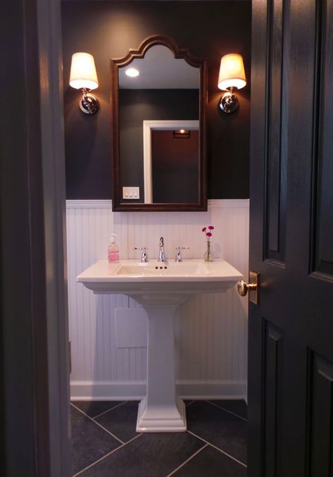 Wainscot Bathroom, Contrast Bathroom, Bathroom Beadboard, Beadboard Bathroom, White Beadboard, Beadboard Wainscoting, Craftsman Bathroom, Wainscoting Bathroom, Bath Renovation