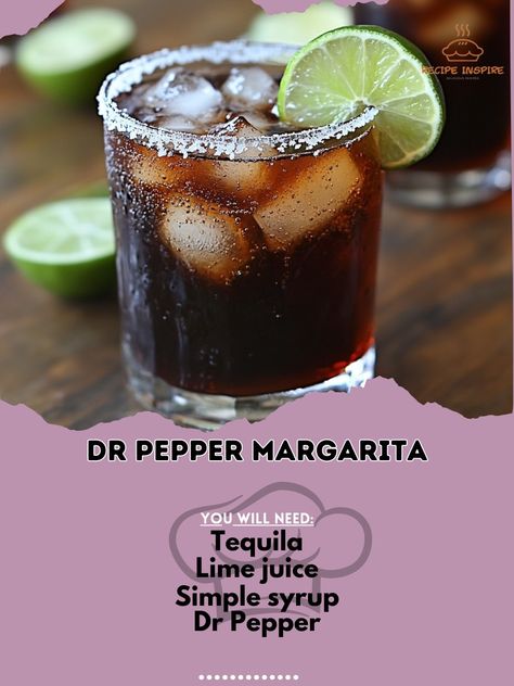 🥤✨ Unique and refreshing! Try our Dr. Pepper Margarita for a fun twist! 🍹🧊 #CocktailTime #FunDrinks Dr. Pepper Margarita Ingredients: Tequila (1 1/2 oz) Lime juice (1 oz) Simple syrup (1/2 oz) Dr. Pepper (4 oz) Ice cubes Lime wedge (for garnish) Salt (for rimming glass) Instructions: Rim a glass with salt and fill with ice cubes. In a shaker, combine tequila, lime juice, and simple syrup. Shake well. Pour mixture into the prepared glass. Top with Dr. Pepper and stir gently. Garnish with a... Dr Pepper Margarita, Tequila Drinks Recipes, Cozy Cocktails, Cozy Fall Recipes, Margarita Ingredients, Tequila Margarita, Festive Drinks, Juice Recipes, Indulgent Desserts