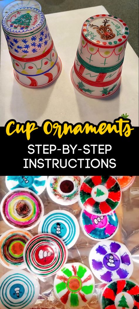 Shrinky Dink Cup Ornaments, Christmas Ornaments Out Of Plastic Cups, Melted Cup Christmas Ornament, Diy Plastic Cup Ornaments, Diy Ornament Crafts For Kids, Christmas Ornaments School, Christmas Ornaments From Plastic Cups, 5th Grade Christmas Ornament Ideas, Melted Cups Craft