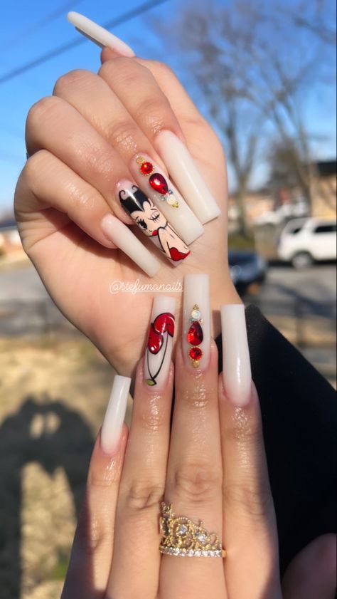 Betty Boop Nails, Valentines Nail Designs, Valentines Nails Designs, Nail Art 2023, Colourful Acrylic Nails, Quinceanera Nails, Valentines Nail, Valentine Nail, Chic Nail Designs