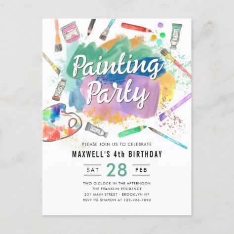 $1.35 | Cute Watercolor Art Paint Painting Party Birthday - painting party, artist art birthday party, painting paint birthday party, kids kid children birthday party, craft crafty, watercolor splatter splashes, 1st 2nd 3rd 4th birthday, 5th 6th 7th 8th 9th, 10th 11th 12th 13th birthday, boy girl party Art Birthday Invitations, Painting Birthday Party, Artist Birthday, Birthday Painting, 5th Birthday Party Ideas, Painting Birthday, Birthday Postcards, Art Birthday Party, 2nd Birthday Invitations