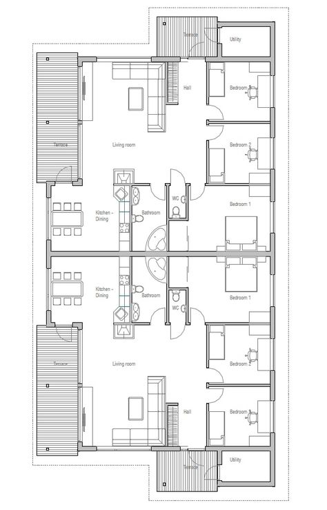 house design Semi-detached-house-plan-ch118d 20 3 Bedroom Semi Detached House Plans, Flat House Design, Duplex Floor Plans, Small Floor Plans, Little House Plans, Affordable House Plans, 2 Bedroom House Plans, Duplex Design, Building House Plans Designs