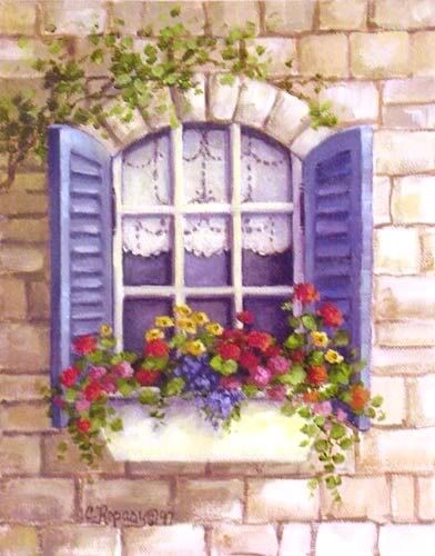 Blue Shutters, Window Art, Window Painting, Window Box, Art Plastique, 그림 그리기, Shutters, Diy Art, Decorative Painting