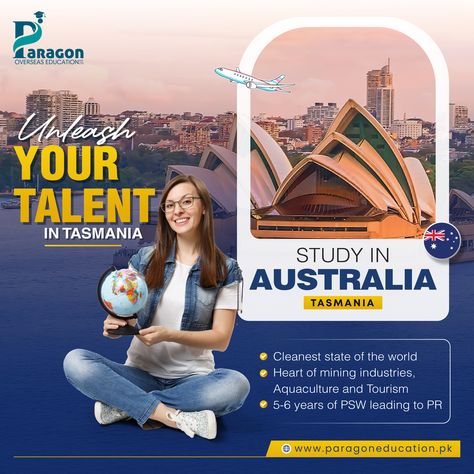 Study in Australia Location: Tasmania Tagline: Unleash your talent in Tasmania Cleanest state of the world moderate temperature Heart of mining industries, Aquaculture and Tourism 5-6 years of PSW leading to PR Study In Australia Creative Ads, Study In Australia, Australia Immigration, Ads Design, Banner Ads Design, Overseas Education, Australia Post, Beautiful Dress Designs, Social Media Banner