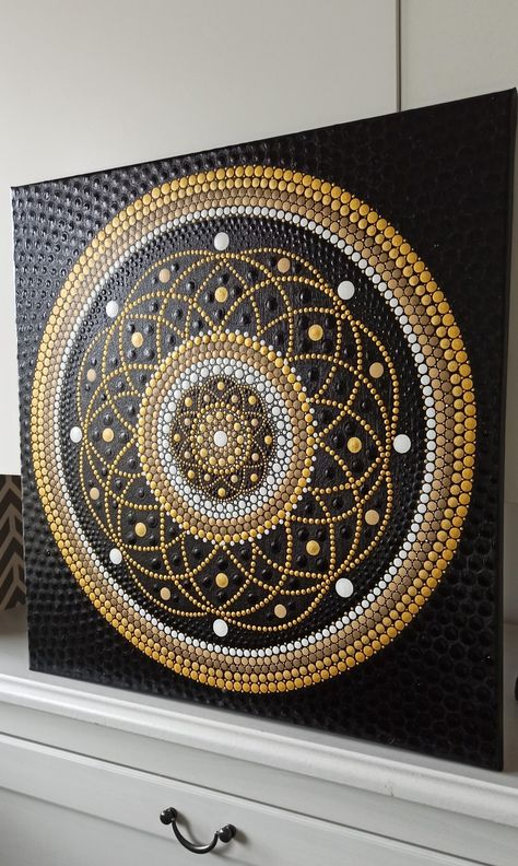 Gold Dot Mandala, Gold Mandala Dot Painting, Mandala Dot Painting Canvas, Mandela Paintings, Black And Gold Mandala, Painted Mirror Art, Small Mandala, Buddha Painting Canvas, Mosaic Art Diy