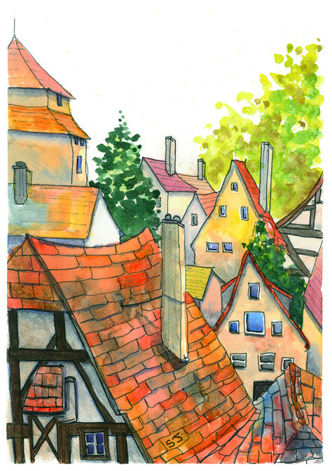 Germany Drawing, German Town, Watercolor House Painting, Watercolor Art Paintings, Watercolor Subjects, Architecture Drawing Art, Original Wall Art, Textured Paper, Rooftops