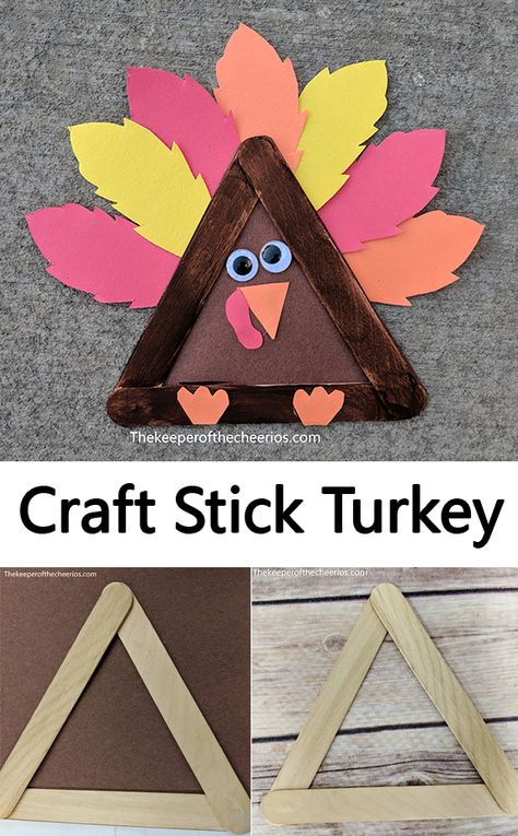 Paper Towel Turkey Craft, Triangle Turkey Preschool, Thanksgiving Crafts School Age, November Enrichment Activities, Craft Stick Turkey, Craft With Wooden Sticks, Triangle Turkey Craft, Turkey Unit Preschool, Thanksgiving Crafts For Nursing Home Residents