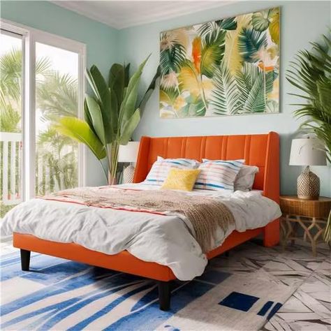 PRICES MAY VARY. Exotic elegance: The vibrant orange color and wingback design effortlessly add a touch of sophistication, transforming your bedroom into a luxurious retreat. Vacation vibes: Transform your space into a tropical paradise with a resort-like ambiance, creating a cozy and inviting atmosphere that will captivate and intrigue your guests. Leave a lasting impression on your guests and inspire them to share their excitement with others. Sturdiness & Noise-Free：Experience effortless inst Leather Platform Bed, Leather Wingback, Full Size Bed Frame, Full Platform Bed, Wingback Bed, Leather Headboard, Wooden Headboard, Wingback Headboard, Queen Size Bed Frames