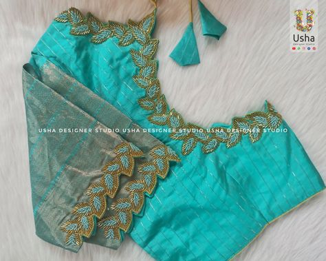 Trending Maggam Work Designs, Cut Work Aari Blouse Designs, Work Designs For Blouses, Cut Work Maggam Designs, Very Simple Aari Work Blouse Design, Cut Work Blouse Designs, Cut Work Blouse, Green Blouse Designs, Blue Blouse Designs