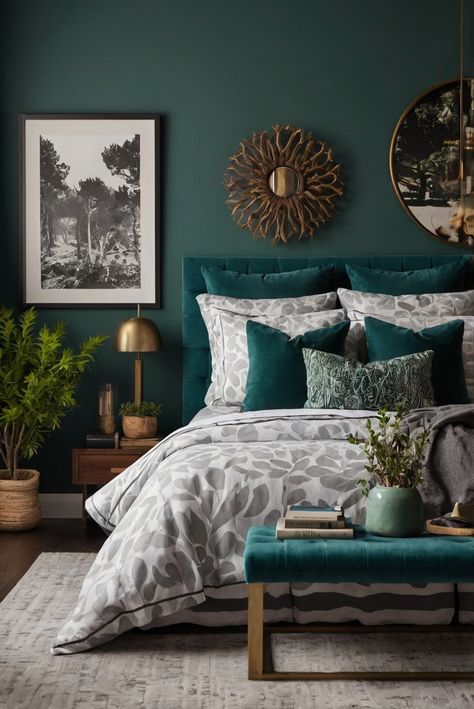 modern bedroom decor, traditional bedroom decor, bedroom interior design, bedroom decor ideas Emerald Green House Decor, Teal Bedroom Aesthetic, Modern Traditional Bedroom Decor, Blue And Green Bedroom Ideas, Modern Vs Traditional, Teal Bedroom Designs, Modern Traditional Bedroom, Modern Bedroom Colors, Fall Furniture