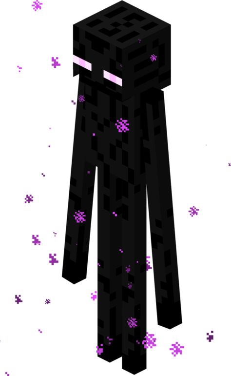 [view] • [talk] Endermen are neutral 3-block tall mobs that live in The End and spawn in huge numbers. They are extraterrestrial creatures that occasionally teleport to the Overworld, but are rare in comparison to other mobs. Their two iconic abilities are the ability to pick up blocks and place them elsewhere, and their ability to teleport. When teleporting, an Enderman will leave a faint trail of purple particles leading to where it teleported to. Endermen are also a parody of Slenderman..... Slenderman Minecraft, Purple Particles, Minecraft Png, Minecraft Costumes, Minecraft Enderman, Mine Minecraft, Iron Golem, Karakter Minecraft, Minecraft Images