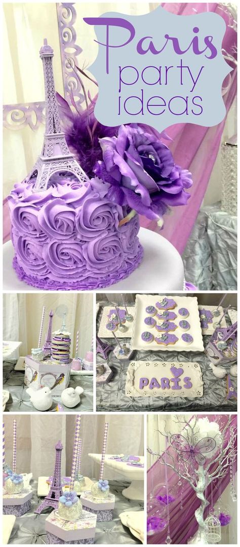 Baby Shower Girl Theme, Quinceanera Decor, Purple Paris, Birthday Party Purple, Paris Birthday Theme, Paris Themed Birthday Party, Paris Baby Shower, Paris Cakes, Parisian Party