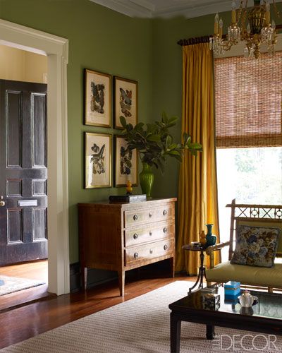 Greek Revival Interiors - Julia Reed's New Orleans House - ELLE DECOR. New Orleans, Louisiana Green Walls Living Room, Green Living Room Decor, Olive Green Walls, Green Walls, Trendy Living Rooms, Brown Living Room, Living Room Green, Green Rooms, Bedroom Green