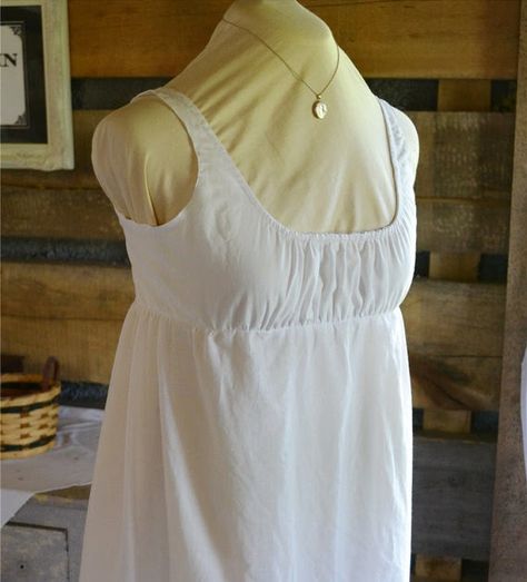 An historical Regency"bodiced" petticoat . Basically just a sleeveless dress, made from super-soft white cotton batiste.    ... Petticoat Pattern, Nightgown Pattern, Regency Gown, Regency Era Fashion, 18th Century Costume, 1800s Fashion, Regency Dress, Period Dress, Regency Fashion