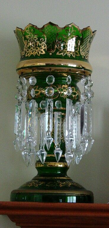 Green Bohemian Lustre with Two Rows of Prisms Green Mantle, Victorian Candles, Chandelier Candle Holder, Crystal Wind Chimes, Acrylic Chandelier, Bohemia Glass, Antique Light Fixtures, Antique Oil Lamps, Art Glass Lamp