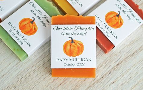 These adorable pumpkin mini soap favors will be perfect for your fall theme baby shower. Soaps are handmade in small batches with nourishing vegetable oils. Scented with pure essential oil blend of sweet orange, benzoin (vanilla like scent), touch of cinnamon cassia and clove and phthalate free fragrance oil.  Other scents are available. See description below. These pumpkin soap favors come with custom labels for your event with pumpkin design. Your favors will be wrapped for you ready to give. Little Pumpkin On The Way, Pumpkin On The Way, Fall Baby Shower Themes, Bebe Shower, Pumpkin Soap, Autumn Party, Mini Soaps, Soap Favors, Pumpkin Baby