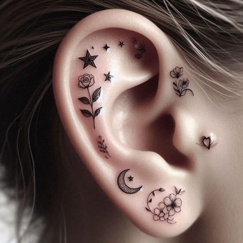 Tattoos To Get Behind Your Ear, Sun And Moon Ear Tattoo, Back Of Ear Tattoos For Women, Ear Tattoo Designs For Women, Ear Tattoo Women, Ear Tattoo Flower, Ear Tattoos Women, Tiny Ear Tattoo, Hot Tattoos Ideas Female