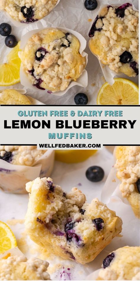 These gluten free and dairy free muffins are filled with lemon flavor and fresh blueberries and topped with a crunchy lemon streusel. They are the perfect summer treat for breakfast! Dairy Free Blueberry Muffins, Blueberries Muffins, Lemon Blueberry Muffins Recipe, Dairy Free Muffins, Gluten Free Blueberry Muffins, Bakery Style Muffins, Berry Muffins, Lemon Blueberry Muffins, Muffin Recipes Blueberry