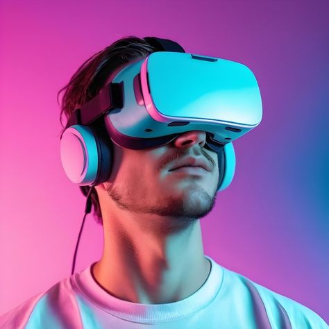 Close up of a man with virtual reality headset vaporwave colors Top Tech Gifts, Best Tech Gifts, Creative Web Design, Starred Up, Virtual Reality Headset, Gifts For Christmas, Gaming Gear, Tech Gifts, Cool Gadgets