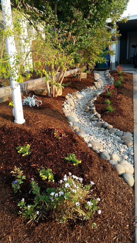 Dry Creek Bed For Drainage Downspout, Dry River Bed Landscape Yard Ideas, Dry Stream Bed Landscaping, Dry Creek Bed Landscape, Dry Stream Bed, Rock Drainage, Dry Riverbed Landscaping, Drainage Ideas, Dry Stream