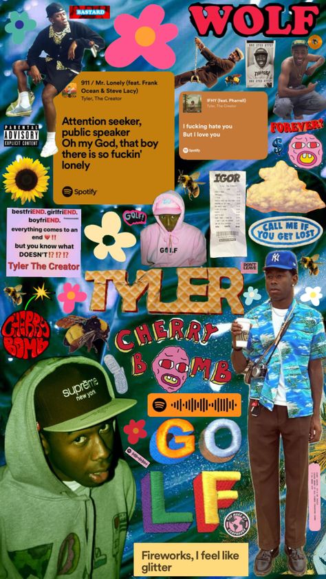 tyler, the creator #wallpaper #scumfuckflowerboy #tylerthecreator #cherrybomb #goblin #golf #wolf #ofwgkta Tyler The Creator Album Cover Wallpaper Laptop, Tyler The Creator Wallpaper Collage, Tyler The Creator Wallpaper Cmiygl, Pictures Of Tyler The Creator, Cromakopia Tyler, Chromakotopia Tyler, Tyler The Creator Chromatopia, Get Lost Wallpaper, Tyler Wallpaper