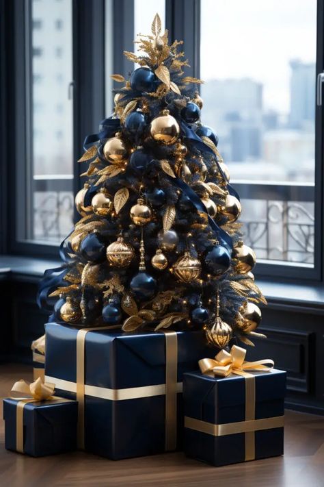 Unleashing the Magic of Blue Christmas Tree Ideas - Puqqu Natal, Blue Christmas Tree Decorations, Navy Christmas, Christmas Tree Decorating Themes, Christmas Themes Decorations, Christmas Shoot, Blue Christmas Tree, Gold Christmas Decorations, Christmas Mantel Decorations