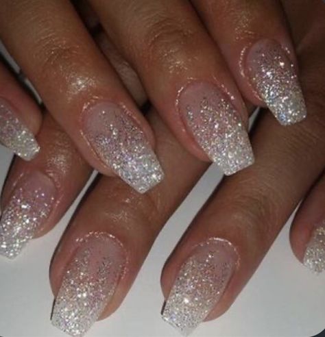 Sparkly Acrylic Nails, Hoco Nails, Silver Glitter Nails, Sally Hansen Nails, Formal Nails, Ombre Acrylic Nails, Simple Acrylic Nails, Acrylic Nails Coffin Short, Summer Acrylic Nails