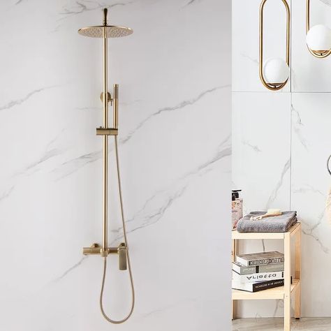 Golden Brushed Nickel Wall Mounted Exposed Install Shower System With 9.84 Inch Round Shower Head System, Handheld Shower And Tub Spout Set Triple Function Shower Combo Set Rain Shower System, Slide Bar, Rainfall Shower Head, Tub Spout, Mixer Shower, Handheld Shower Head, Tub And Shower Faucets, Rainfall Shower, Tub Faucet