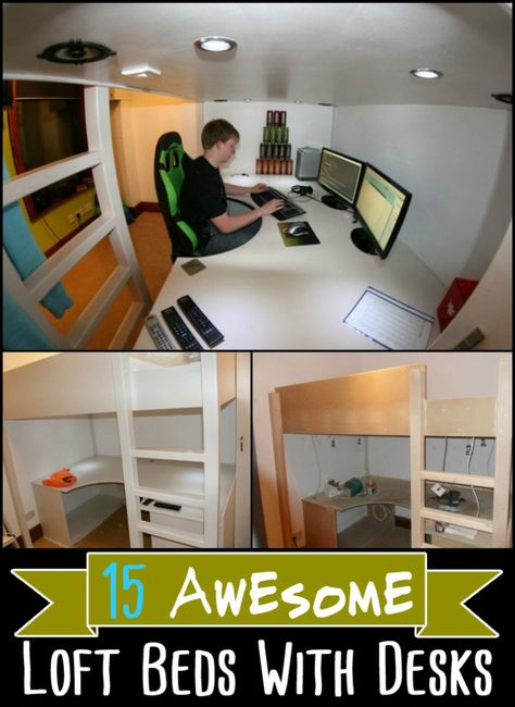 This Shows That The Space Created Underneath a Loft Bed Can be Used in a Variety of Ways Adult Bunk Beds Desk, Diy Bed With Desk Underneath, Diy Twin Loft Bed With Storage, Diy Loft Bed With Desk Plans, Bedroom Ideas With Loft Beds, Loft Bed With Desk Underneath Diy, Desk Under Loft Bed, Under Loft Bed Ideas Teenager, Diy Loft Bed For Teens