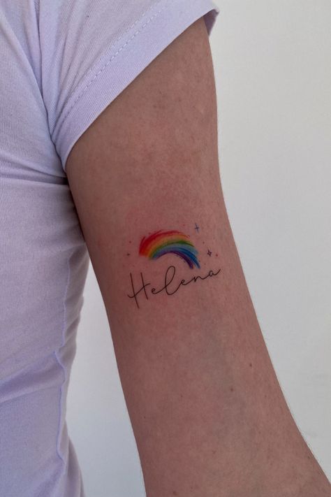 Rainbow Name Tattoo, Watercolour Rainbow Tattoo, Rainbow Baby Tattoo Ideas, Rainbow Tattoo Ideas Unique, Rainbow Baby Tattoo, Small Rainbow Tattoo, Neurodivergent Tattoo, Tattoo For My Son, Detailed Tattoos