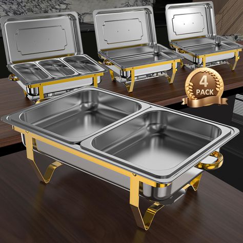 PRICES MAY VARY. HIGH QUALITY STAINLESS STEEL: Our chafing dish is made of durable stainless steel, so it can maintain temperature better. Compared with other competing products, it has more stable legs and is not easy to deform. And this chafing dish buffet set has a longer service life. DAZZLING COLOR DESIGN: The chafing dishes for buffet are meticulously designed with a striking blend of gold and silver colors that adds a touch of elegance and delicacy to your parties, leaving a deep impressi