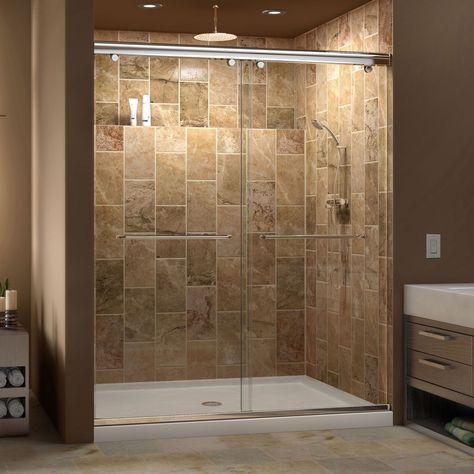 DreamLine Charisma Bypass Sliding Shower Door and 36x60-in Shower Base (Brushed Nickel Hardware; Biscuit Base; Right Drain), Size 36" x 60" Bypass Sliding Shower Doors, Dreamline Shower, Bypass Shower Door, Tile Showers, Shower Conversion, Shower Stalls, Shower Tiles, Frameless Sliding Shower Doors, Interior Design Minimalist