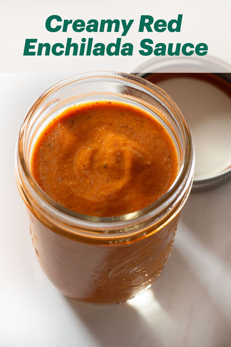 Red enchilada sauce in a jar. Creamy Red Enchilada Sauce, Authentic Red Enchilada Sauce, Creamy Enchilada Sauce, Spaghetti Sauces, Shrimp And Sausage Pasta, Creamy Enchilada, Chili Enchiladas, Chorizo Pasta, Red Enchiladas