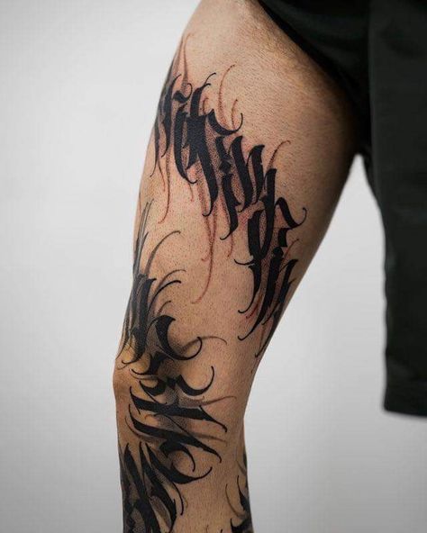 Black Letter Tattoo, Dark Script Tattoo, Hand Tattoo Inspiration, Dark Calligraphy Tattoo, Calligraffiti Tattoo, Lettering Tattoo Ideas, Calligraphy Tattoo Design, Dark Lettering Tattoo, Lettering Tattoo Design