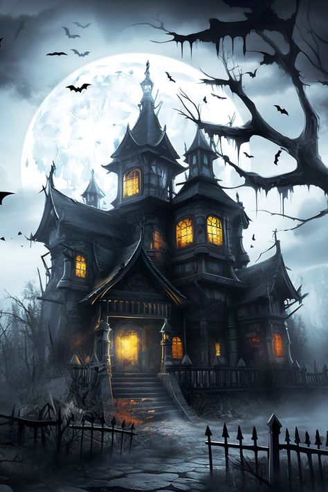 Haunted House Pictures, Indoor Halloween Decor, Halloween Live Wallpaper, Halloween Haunted House Decorations, House Mansion, House Canvas, Creepy Houses, Halloween 3, Halloween Wall Decor