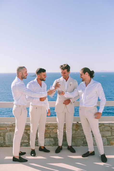 Men’s Coastal Wedding Attire, Groomsmen Attire Abroad Weddings, Wedding Party Men Outfit, Men Outfit Beach Wedding, Beachy Groom Attire, Destination Groomsmen Attire, Destination Wedding Suits Groom Attire, Wedding Abroad Outfit Men, Groomsman Beach Wedding Attire