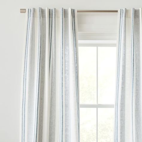 Shop Curtains & Drapes | West Elm Beachy Curtains, Mid Century Curtains, Coastal Curtains, Metal Curtain Rod, Linen Curtain, Striped Curtains, Metal Curtain, Arctic Blue, Window Insulation