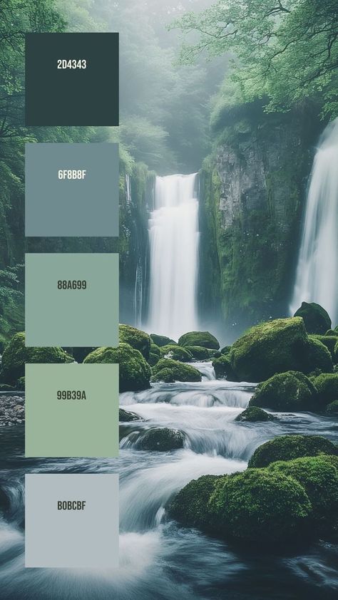 Colors:
2D4343
6F8B8F
88A699
99B39A
B0BCBF Rocky Cliff, Rushing Water, Green Branding, Brand Palette, Hex Color Palette, Waterfall Landscape, House Color Palettes, Color Schemes Colour Palettes, Brand Color Palette