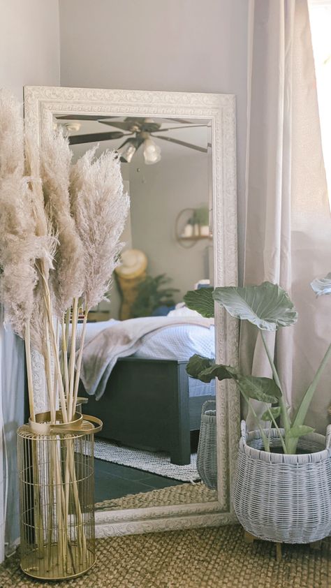 Bedroom Tall Plants, Living Room Standing Mirror Decor Ideas, Corner Of Bedroom Decor, Living Room Corner Mirror, How To Fill Space In Bedroom, Chair In Small Bedroom Ideas, Large Mirror In Bedroom Corner, Chair Mirror Corner, Get Ready Corner In Bedroom