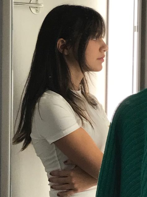 Black Hair With Fringe Aesthetic, Side Profile With Bangs, Indigenous Side Profile, Bangs Side Profile Drawing, Long Black Hair Fringe, Side Braid With Bangs, Dark Hair Fringe, Long Hair Side Profile, Bangs Side Profile