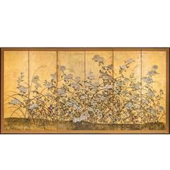 Japanese Screen White Chrysanthemums and Wild Grasses Garden Panels, Chrysanthemum Painting, Wild Grasses, White Chrysanthemum, Big Room, Japanese Screen, Screen Painting, Panel Screen, Wild Grass