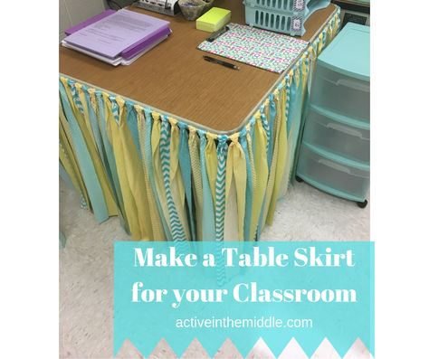 Learn how to make a table skirt for your classroom.  No sewing required!  An easy way to hide clutter and add color.  Learn how here. Table Curtain, Diy Table Skirt No Sew, Table Skirt Classroom, Classroom Table Decor, Table Skirts, Classroom Table Skirt, No Sew Table Skirt, Teacher Table Skirt, Teacher Table Decorations