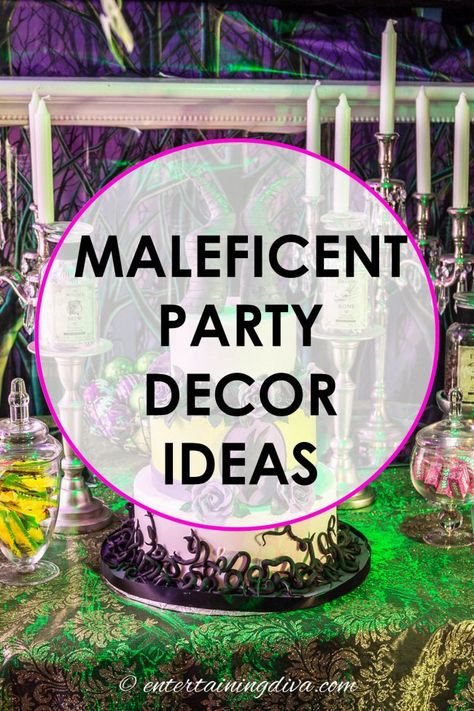 These maleficent party decor ideas are such a nice twist for Halloween party theme. You’ll find some colorful, spooky Halloween party decor ideas that everyone will obsess over! Maleficent Party Decorations, Decor Ideas Birthday, Halloween Scene Setters, Maleficent Cake, Halloween Candy Buffet, Adult Halloween Party Decorations, Maleficent Party, Green Christmas Lights, Halloween Party Drinks