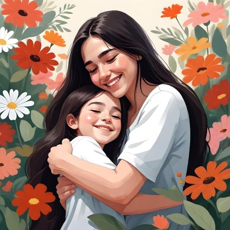 Premium Photo | A woman hugging a child with a picture of a woman hugging her Mom Hugging Daughter, Mom And Daughter Illustration, Hugging Illustration, Poster Art Ideas, Picture Of A Woman, Hugging Drawing, Hug Illustration, Illustration Reference, Happy Birthday Design